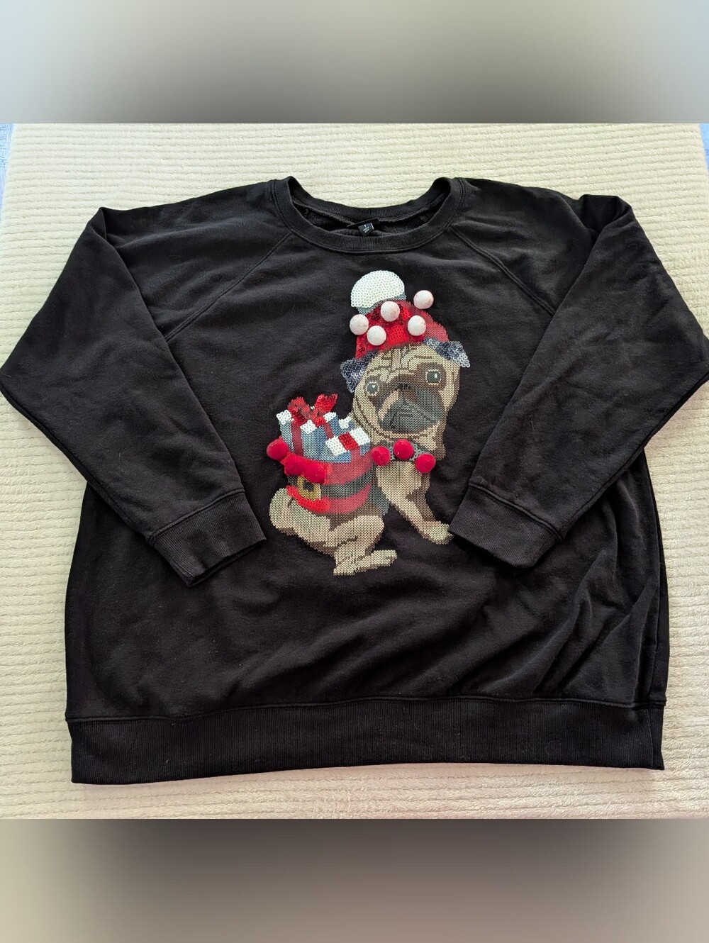Torrid Plus Size 1 Black Christmas Sequin Santa Pug Dog Pom Pom Fleece Sweater